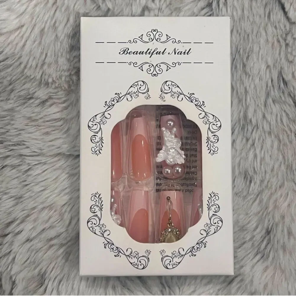 24 Set Square Coquette Angel Lolita Pink French Tip Nails